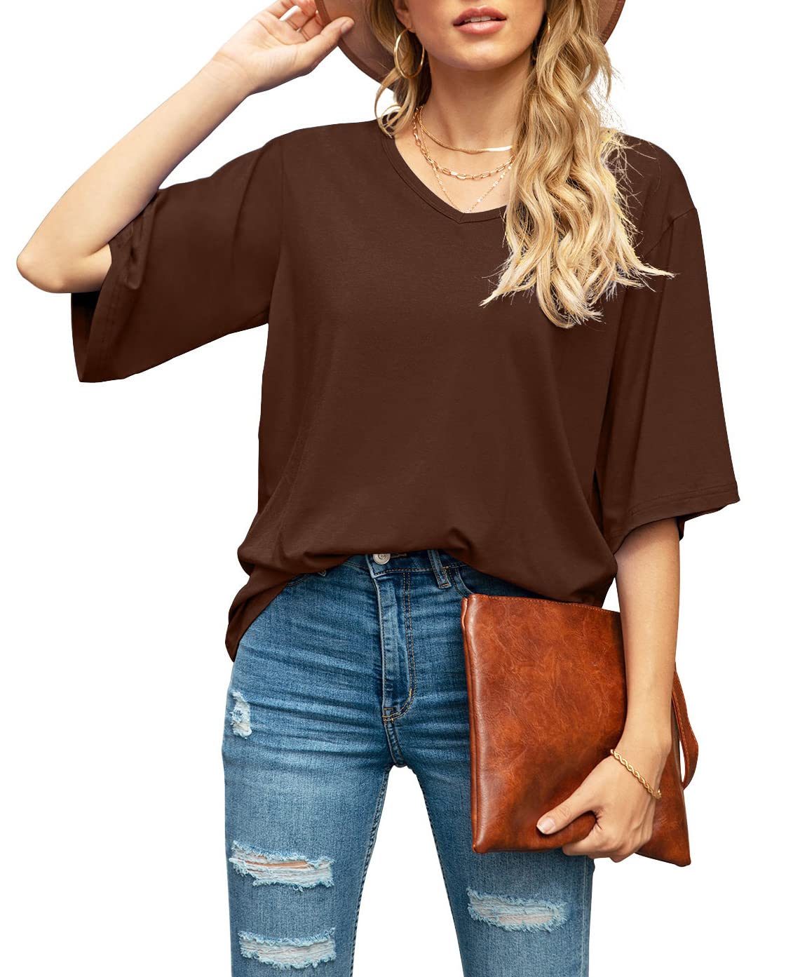 SUEANI Women's Blouse Tops Loose V Neck 3/4 Bell Sleeve Shirt