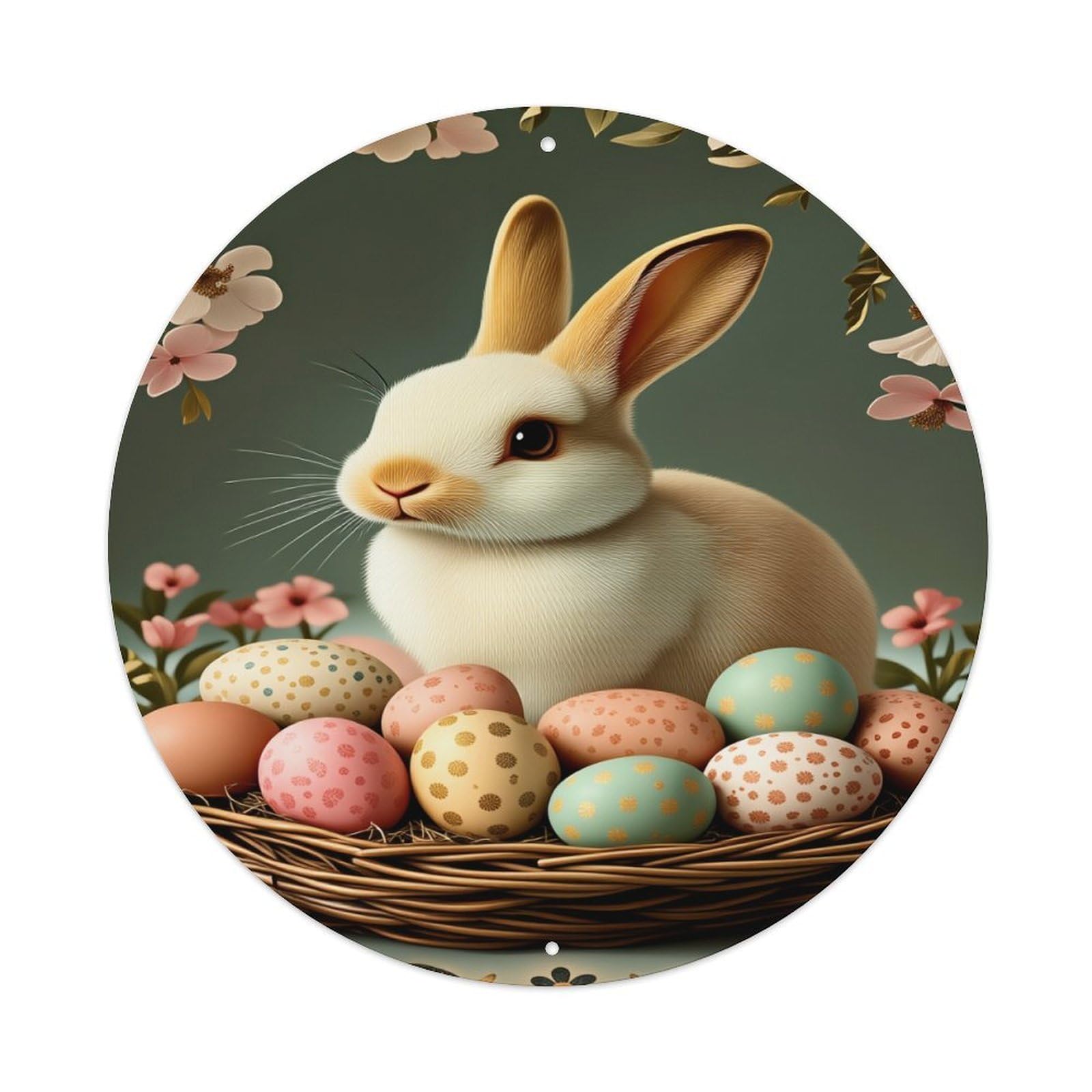 Easter Bunny Eggs Flowers Basket Round Tin Sign Vintage Metal Poster, Home Bar Garage Man Cave Cafe Indoor & Outdoor Wall Decoration 8x8Inches