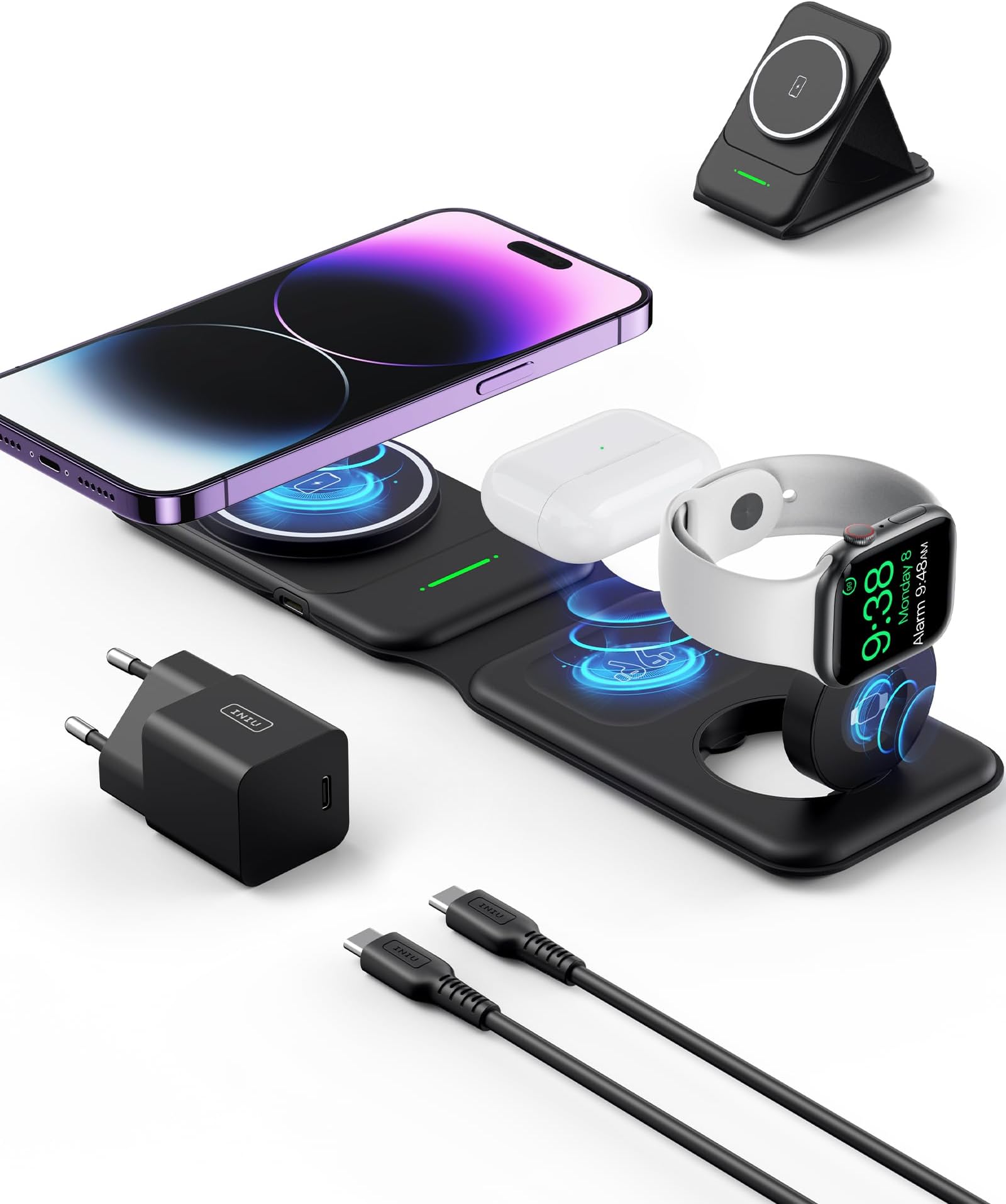 INIU Chargeur sans Fil, [2 Pack] 15W Qi Certifié Chargeur Induction Double Bobine lumière adaptative Facile à Dormir Wireless Charger Stand pour iPhone 15 14 13 12 11 Pro Max Samsung Google etc