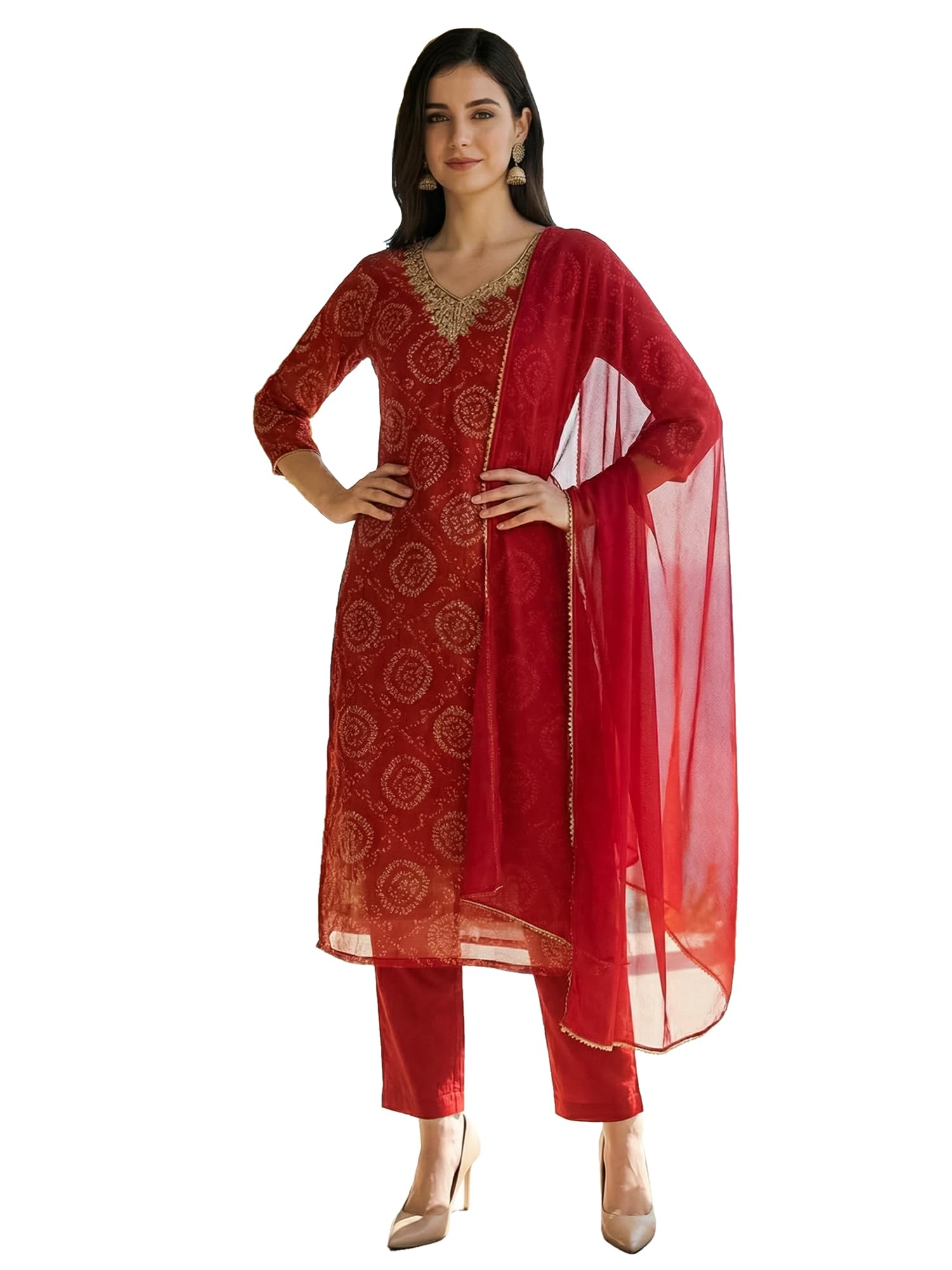 indo era Women's Georgette Bandhani Printed Straight Calf Length Kurta with Pant & Dupatta Set (IEAI12039)-picture-49