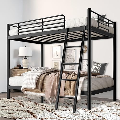 Loft Bunk Bed Twin Over Twin Size with Ladder and Guardrail, Heavy Duty Bunk Beds Metal Slats Support, No Box Spring Needed, Space Saving Furniture for Bedroom Kid Room and Dorm (Twin Over Twin)