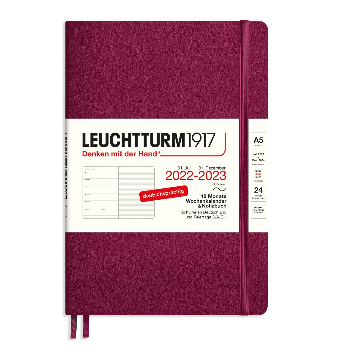 LEUCHTTURM1917 365807 Weekly Calendar & Notebook Softcover Medium (A5) 2023, 18 Months, Port Red, German
