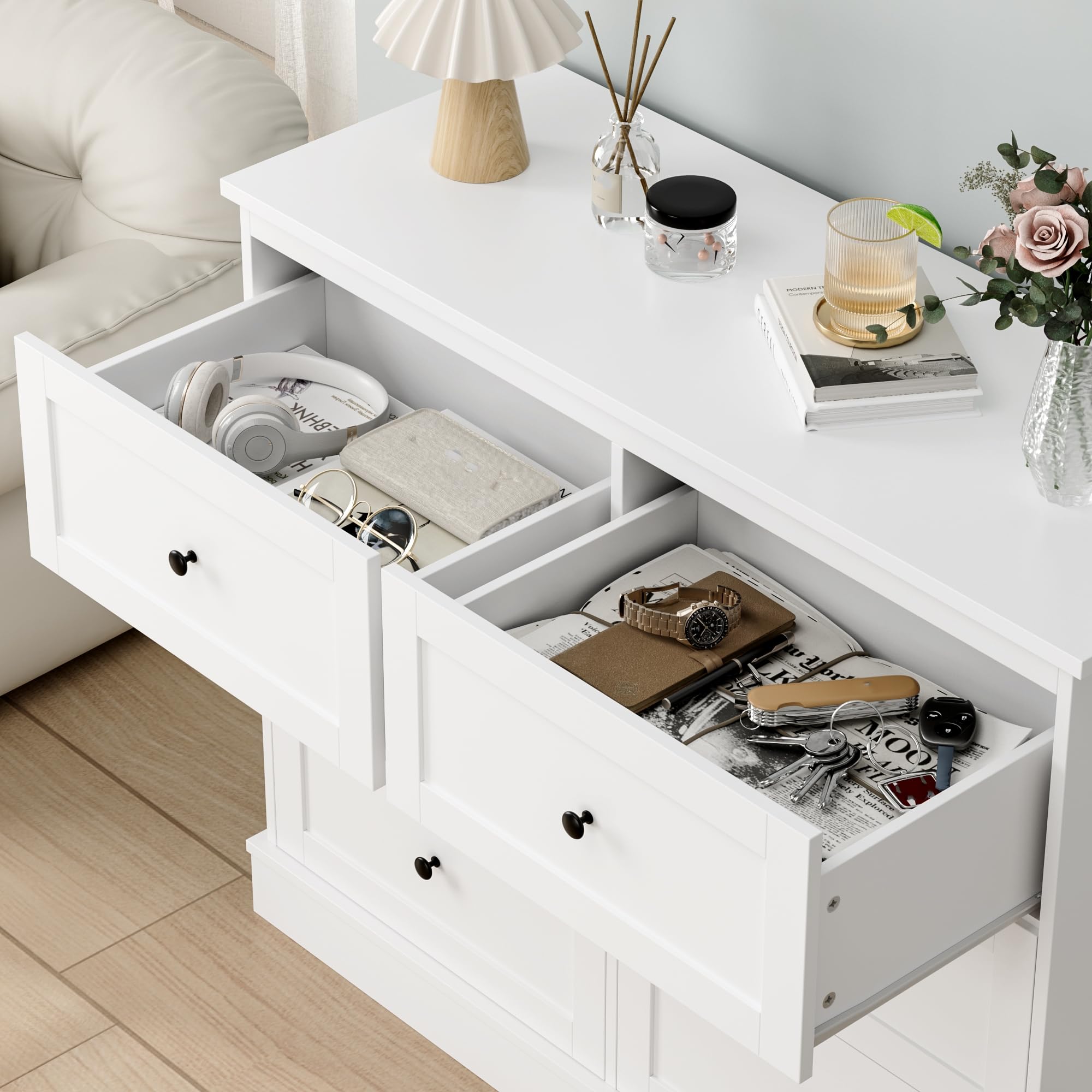 FOREHILL Commode avec 6 Tiroirs, Commode Chambre Adulte avec Poignée, Blanc | Armoire rangement chambre, 108x40x87cm, 6 tiroirs spacieux à vêtements, Base surélevée, Pour salon entrée, Style moderne