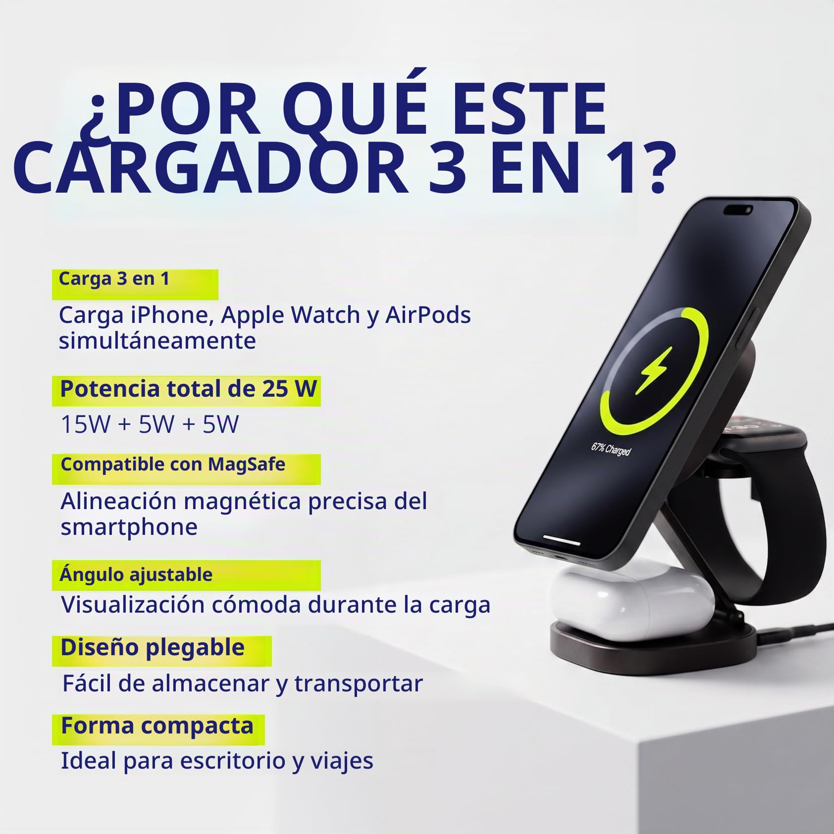 Cargador 3 en 1 de 25 W – Base de Carga inalámbrica Plegable para iPhone, Apple Watch & AirPods – Mini Soporte de Carga inalámbrica con LED y USB-C – Compatible con Qi & MagSafe – Grafito