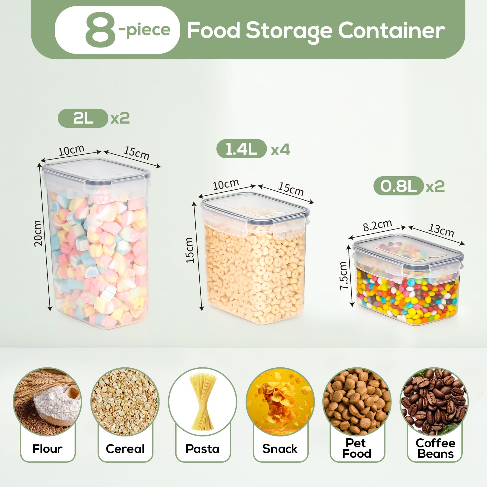 Cozary Contenitori Ermetici per Alimenti con Coperchio – Set da 8 Contenitori in Plastica Senza BPA per Pasta, Farina, Cereali – Organizer Cucina per Dispensa e Cassetti