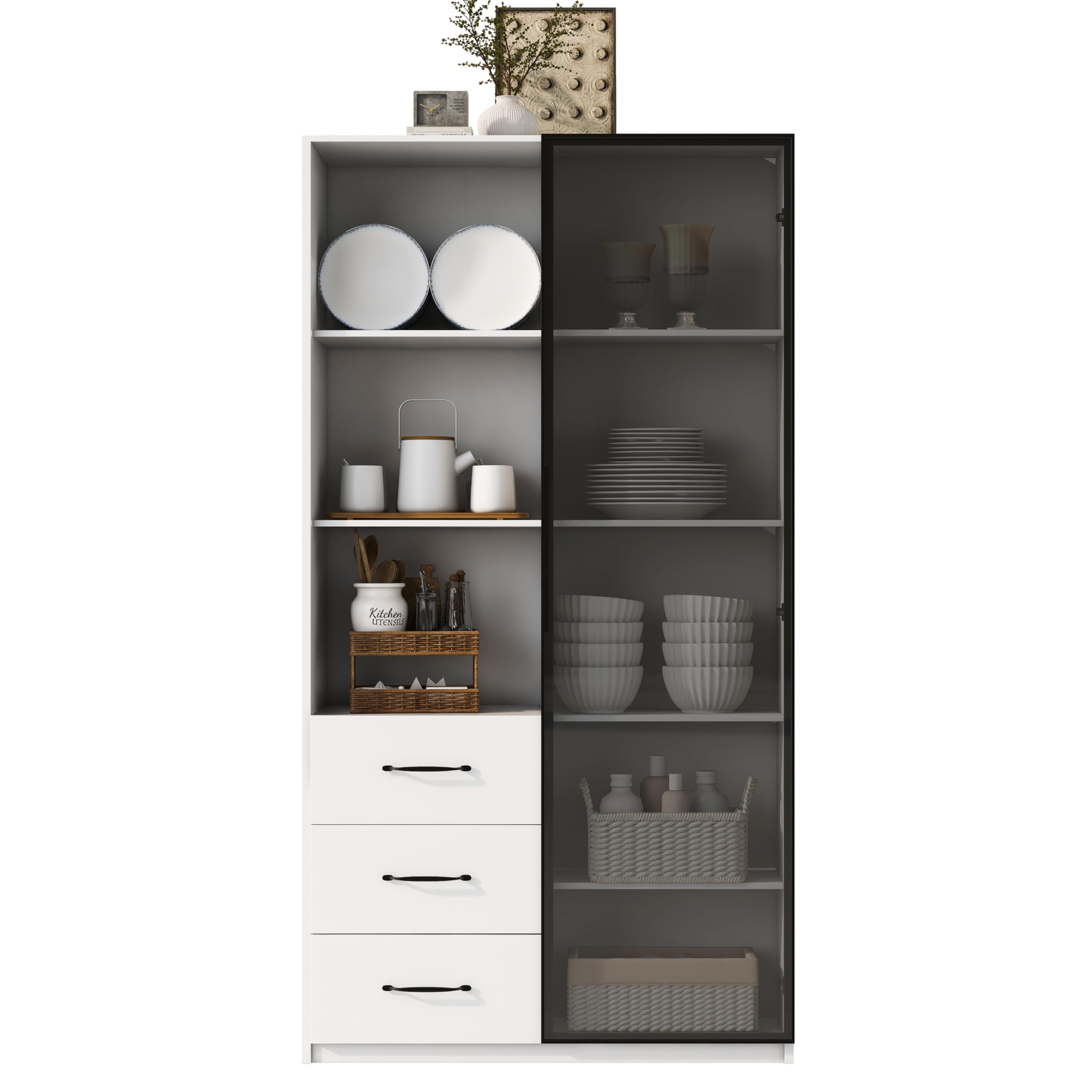 Vetrina con illuminazione LED 80 x 40 x 160 cm – Libreria con anta in vetro temperato e luci LED, 3 cassetti e 3 vani aperti, struttura in alluminio, LED multicolore (F)