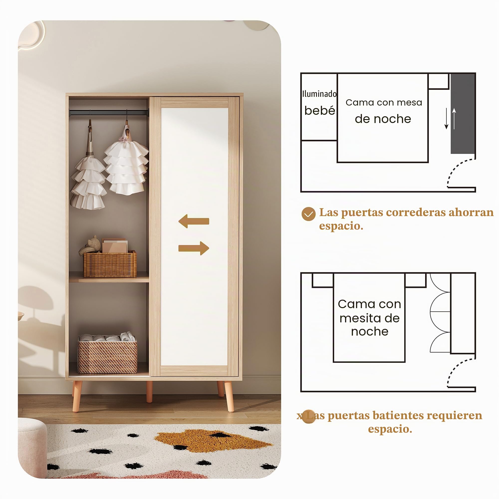 Armario para niños con puertas correderas con barra, material de aglomerado, patas de madera maciza, blanco y madera natural, 80 x 46 x 141,5 cm