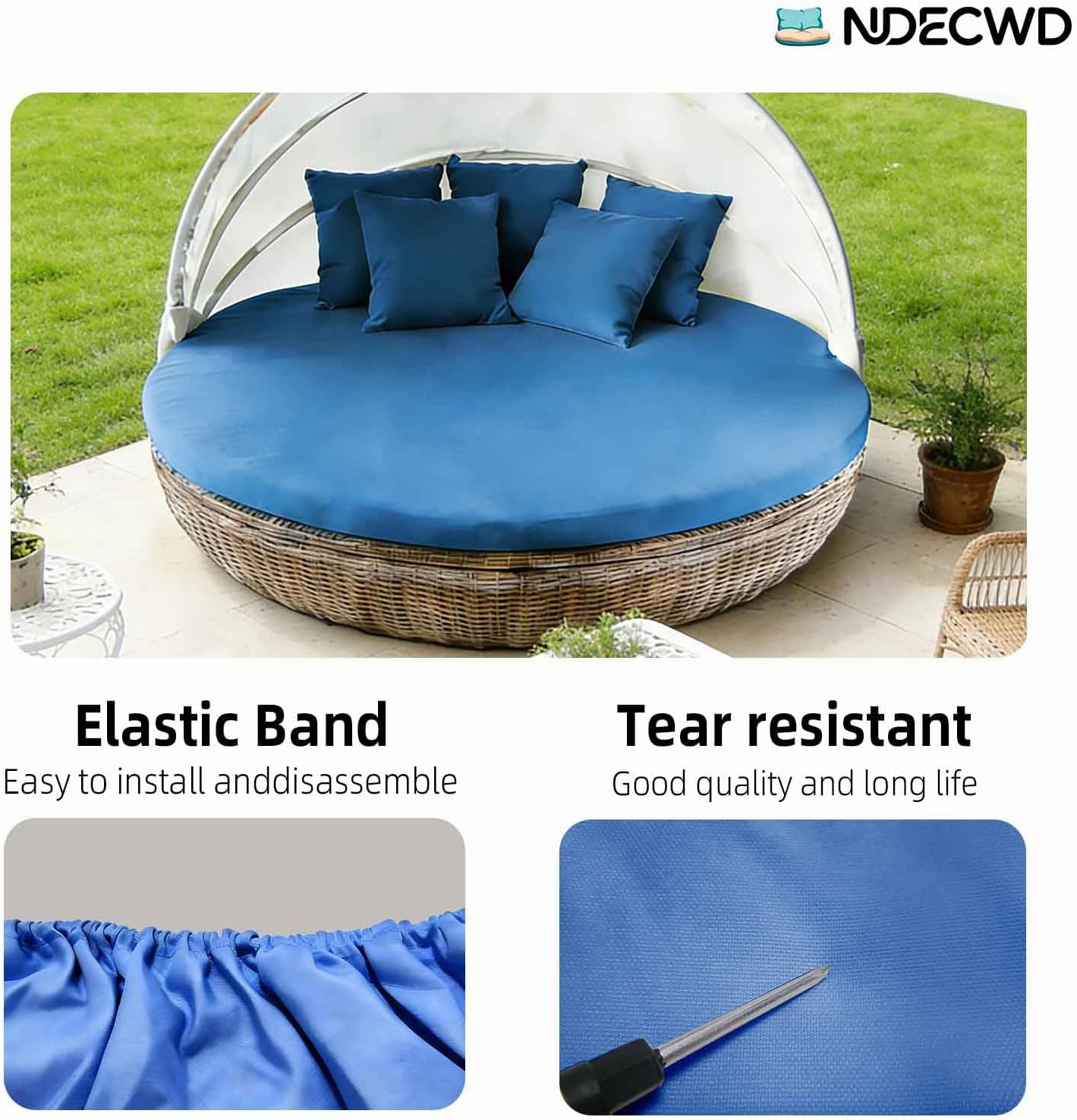 Outdoor Daybed Cushion Round Cover with Elastic Band, Sun Bed Cushion Covers, for Outdoor Patio daybed, Waterproofand UV-Resistant (Cover only)