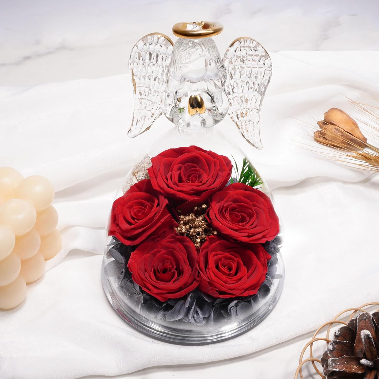 Yamonic Mom Birthday Gifts for Mom Women, Glass Angel Figurines with Five Real Rose Gifts for Her Mom Grandma, Preserved Flowers Rose Angel Gifts for Mothers Day Christmas Anniversary Birthday (Red) - Image 2
