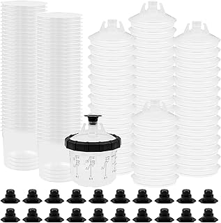 50 Stück 200 ml Einweg Farbmischbecher Set für HVLP & LVLP Lackierpistole, Mini Einweg-Farbspritzpistolenbecher Kit mit 50 Einsatzbechern, 50 Deckeln, 20 Verschlussstopfen & 1 Hartbecher mit Haltering