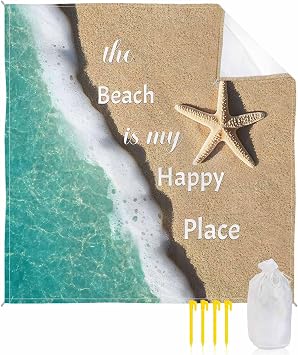 The Beach Is My Happy Place Beach Blanket Waterproof Sandproof, Blue Ocean Wave Starfish Beach Mat Quick Drying Outdoor Picnic Mat 118" x 108" for 1-8 Adults, Essentials for Travel Camping Hiking