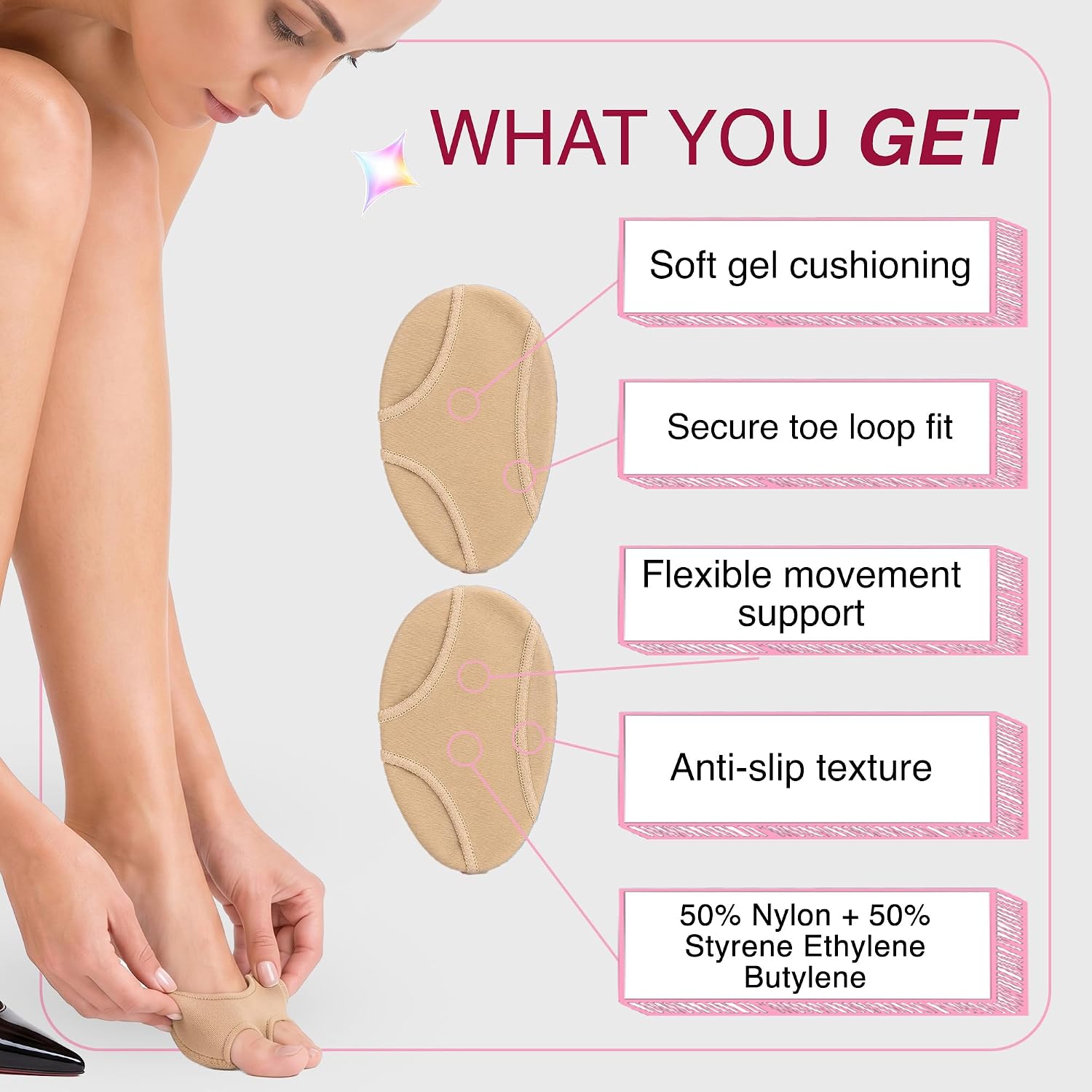 LECHERY Toe Loop Metatarsal Support Sleeves for Women, Ball of Foot Cushions, Forefoot Cushion Pads, Ball of Foot Support, Dancers Pads for Feet, Beige