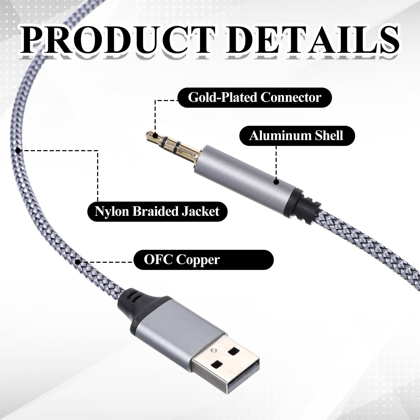 Adattatore da USB a jack audio da 3,5 mm, cavo audio AUX da 3,5 mm, cavo audio stereo, convertitore AUX intrecciato in nylon per cuffie, altoparlanti, PC, laptop, non applicabile per ricarica