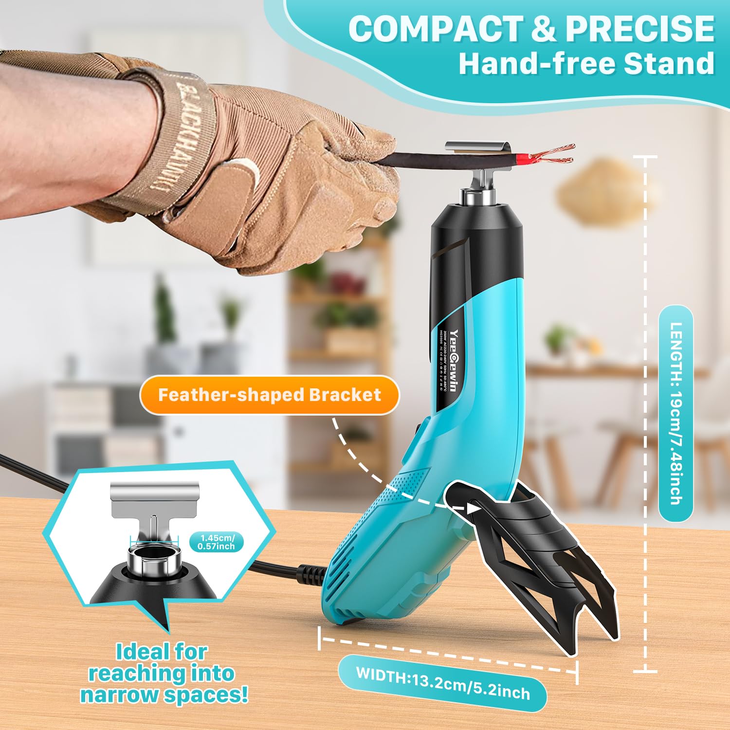 Mini opalarka 350 W z 2 poziomami temperatury 290℃/480℃, ręczna suszarka na gorące powietrze z dyszą odblaskową, zabezpieczenie przed przeciążeniem i czas nagrzewania 1,5 S do folii