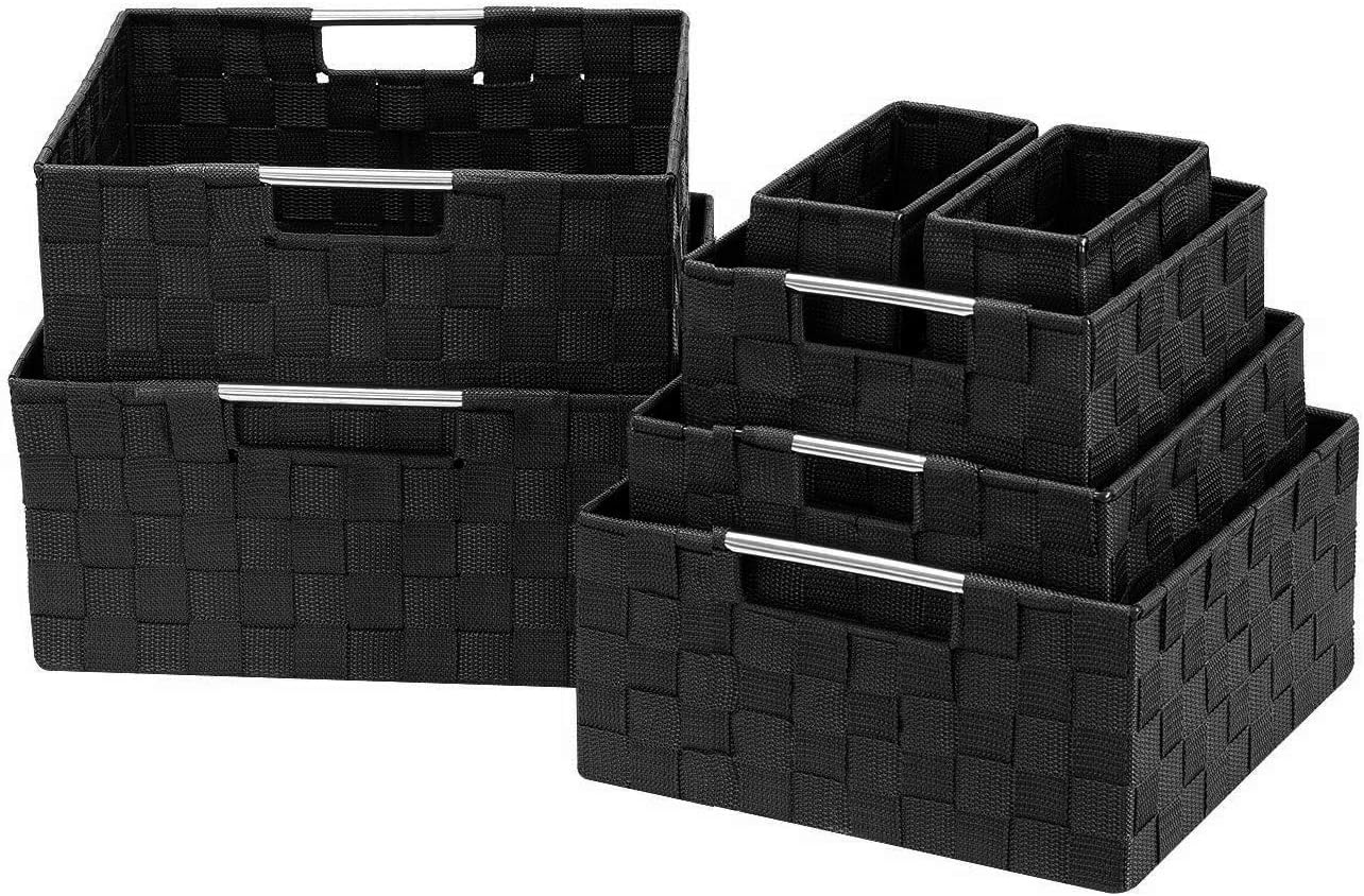 Sorbus Storage Box Woven Basket Bin Container Tote Cube Organizer Set Stackable Storage Basket Woven Strap Shelf Organizer Built-in Carry Handles (7 Piece - Black)