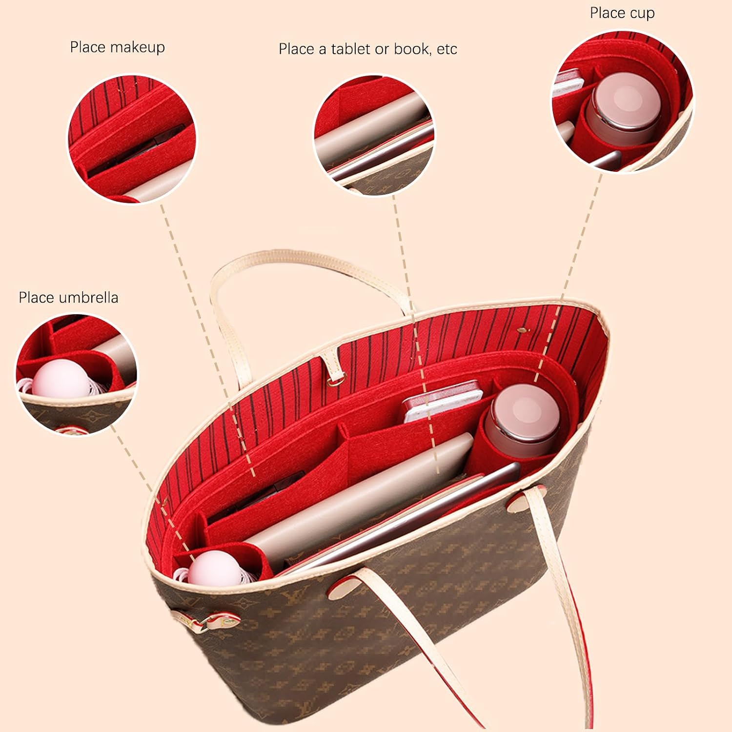 Lckaey Felt Organizer For Purse & Tote Bag Shaper Organizer Insert Fit N everfu.l Speed y Handbag Y062red-M