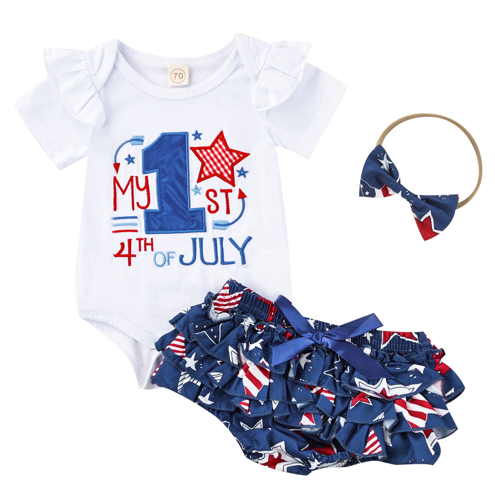 My First 4th of July Baby Girl Outfit Short Sleeve Romper Top Star Stripe Ruffle Shorts Headband 3Pcs Clothes Set (A-Blue USA Flag,12-18 Months)