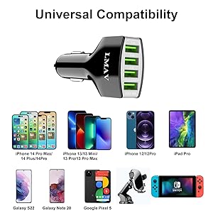 LMAV USB Car Charger Adapter, 4-Port QC 3.0 Car Charger Fast Charging for All Smartphone and Other USB Devices.