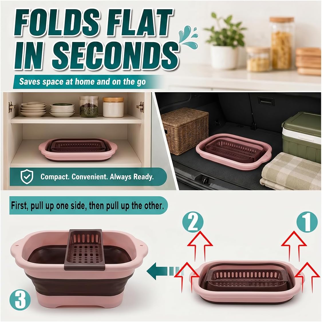 Car Collapsible Dish Basin with Drain Plug, Multi-Purpose Foldable Camping Sink Tub with Colander & Brush, Space-Saving Car Washing Tray for Outdoor, RV, Kitchen(Pink)