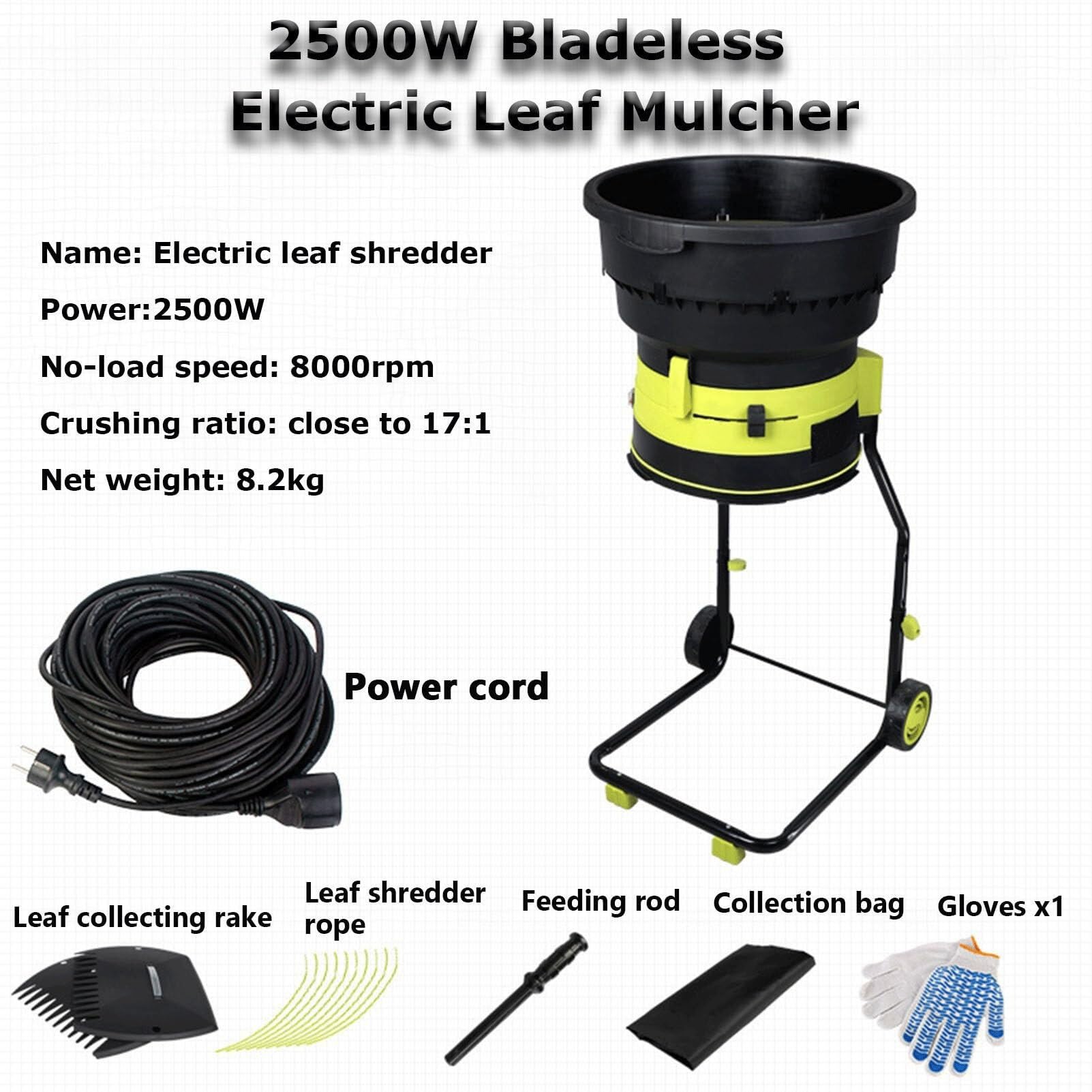 Trituradora eléctrica de hojas con cable, trituradora de jardín portátil sin aspas con ruedas, 8000 rpm, bolsa de colección, embudo de 54 cm de diámetro, para abono de hojas