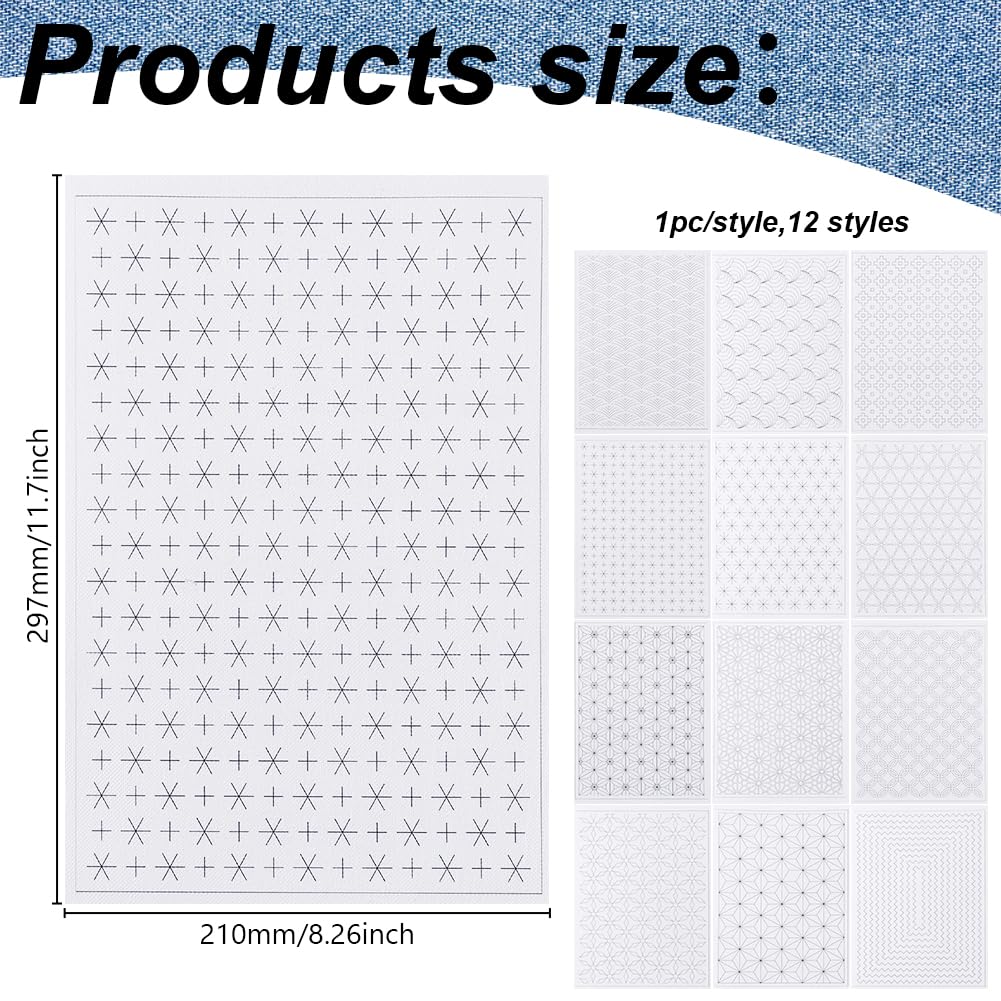 ORIGACH 12 Styles Sashiko Water Soluble Embroidery Stabilizers Traditional Japanese Sashiko Water Soluble Embroidery Transfer Patterns Stabilizers Stick Stitch Embroidery Sticker for Mending