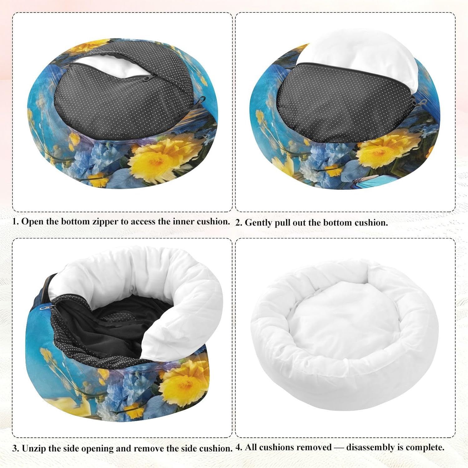 Dog Bed Ultra Soft Fluffy Comfortable Cat Bed, Blue & Yellow Flowers Washable Dog Beds Anti-Slip Round Pet Beds for Medium Dogs