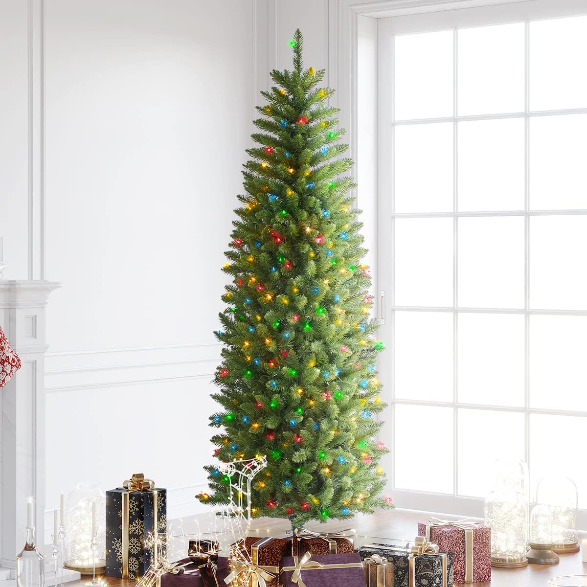 OasisCraft 6.5ft Fir Christmas Tree, Slim Christmas Tree with Multi-Color Lights, Artificial Pencil Christmastree for Indoor and Outdoor