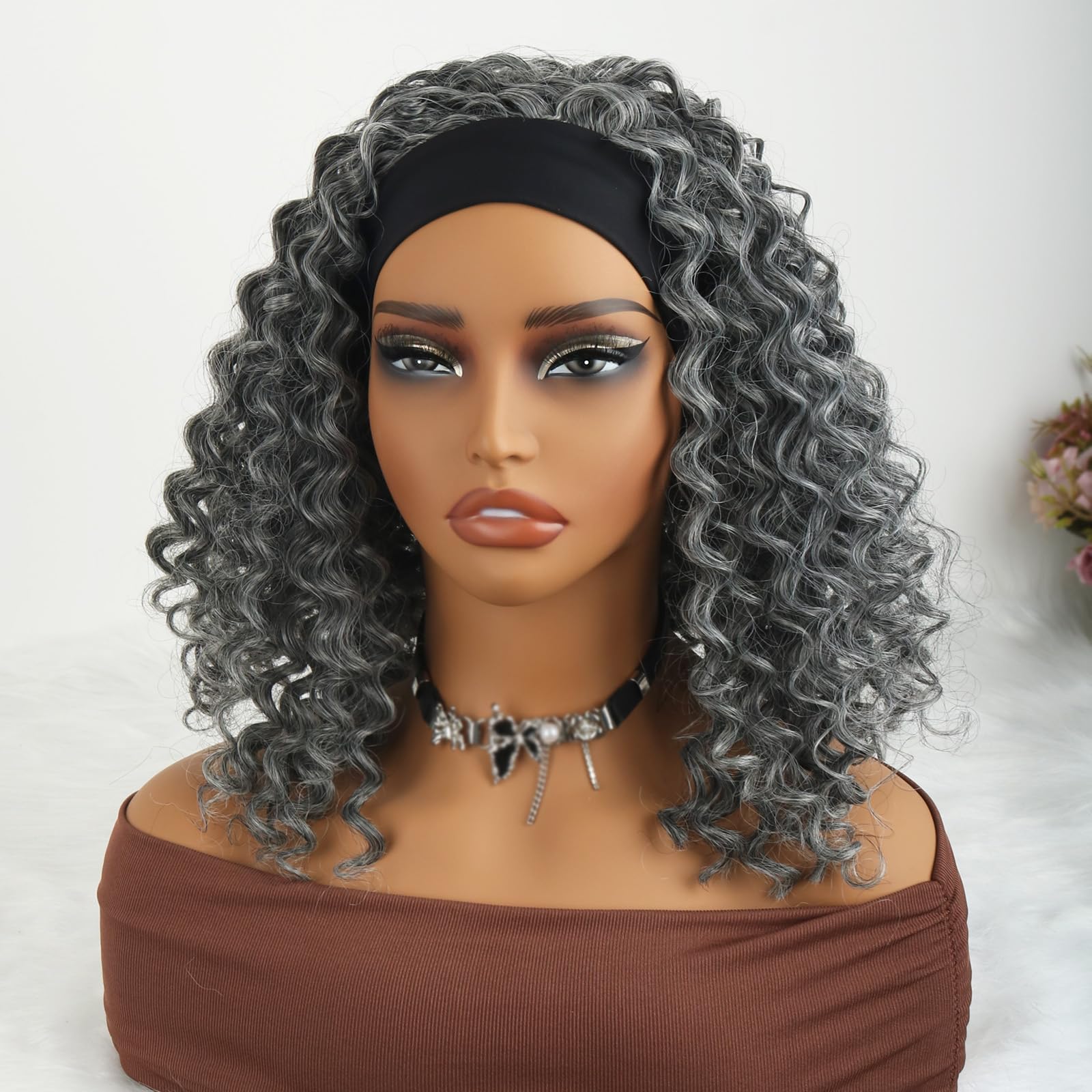 Amazon.com : Aisaide Kinky Curly Headband Wig 12 Inch Grey Deep