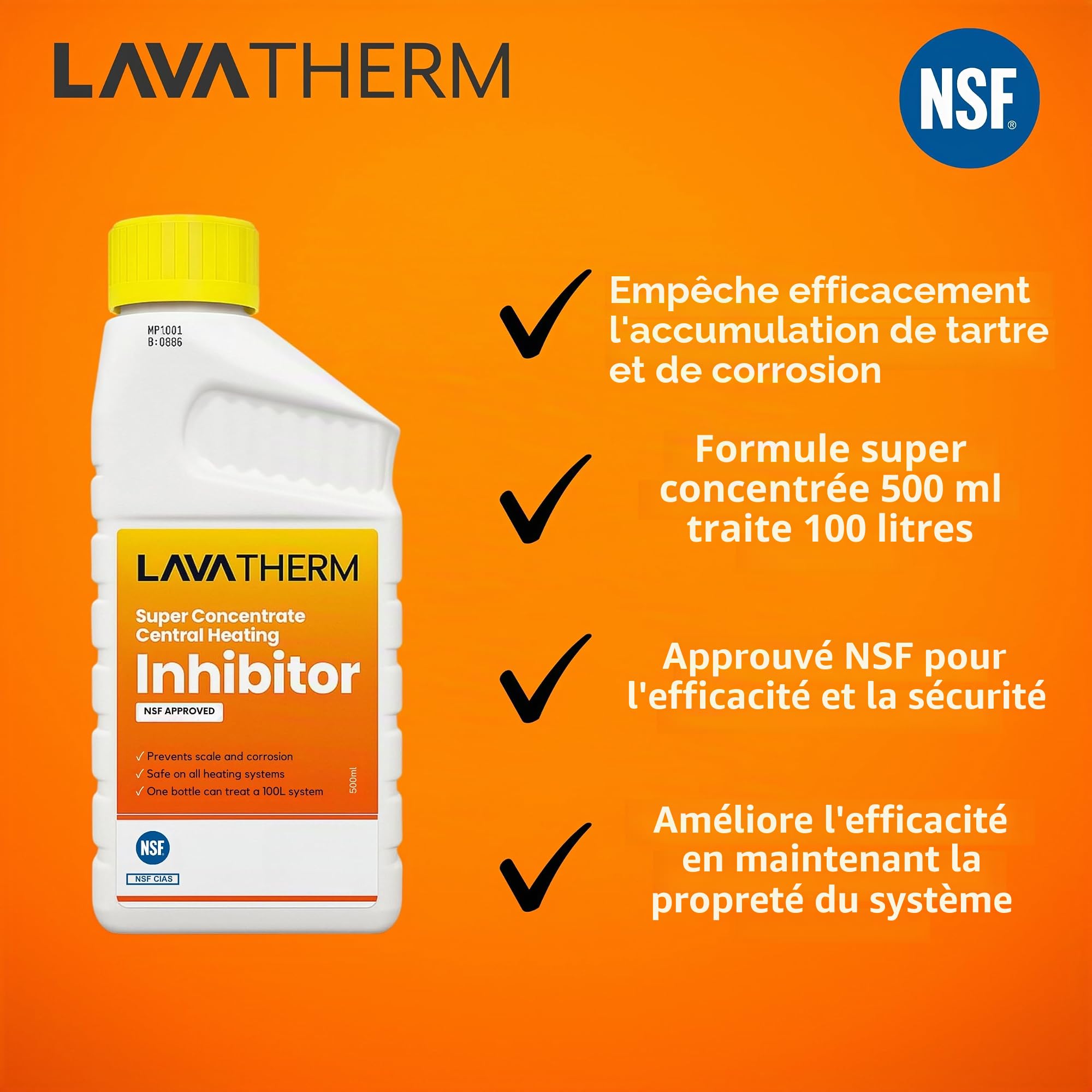 Inhibiteur de chauffage central super concentré 500 ml – Empêche le calcaire et la corrosion, sans danger pour tous les systèmes de chauffage, traite jusqu'à 100 L, approuvé NSF, améliore
