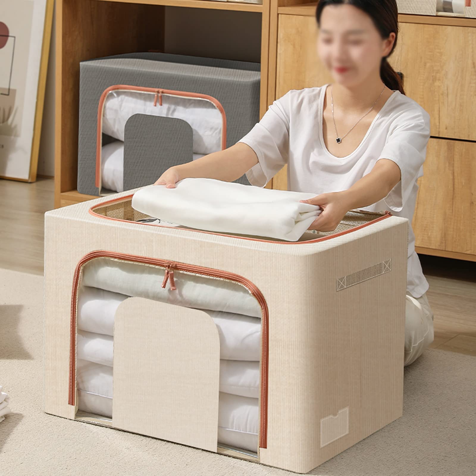 Khaki Borsa portaoggetti sotto il letto con finestra trasparente, maniglia rinforzata e cerniera robusta - Spazioso organizer per vestiti (24 litri)