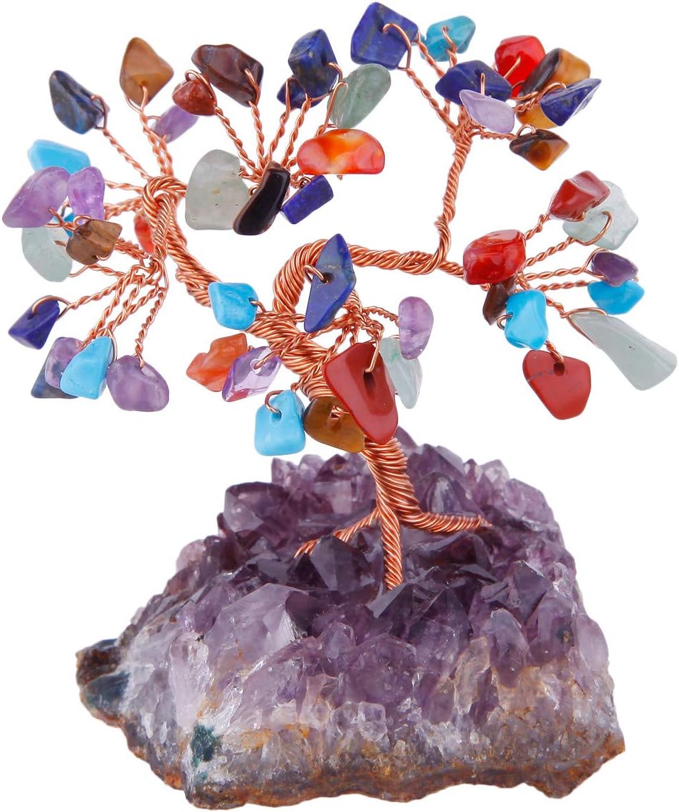 mookaitedecor 7 Chakra Crystal Tree with Amethyst Cluster Crystals Base Bonsai Money Tree for Wealth and Luck