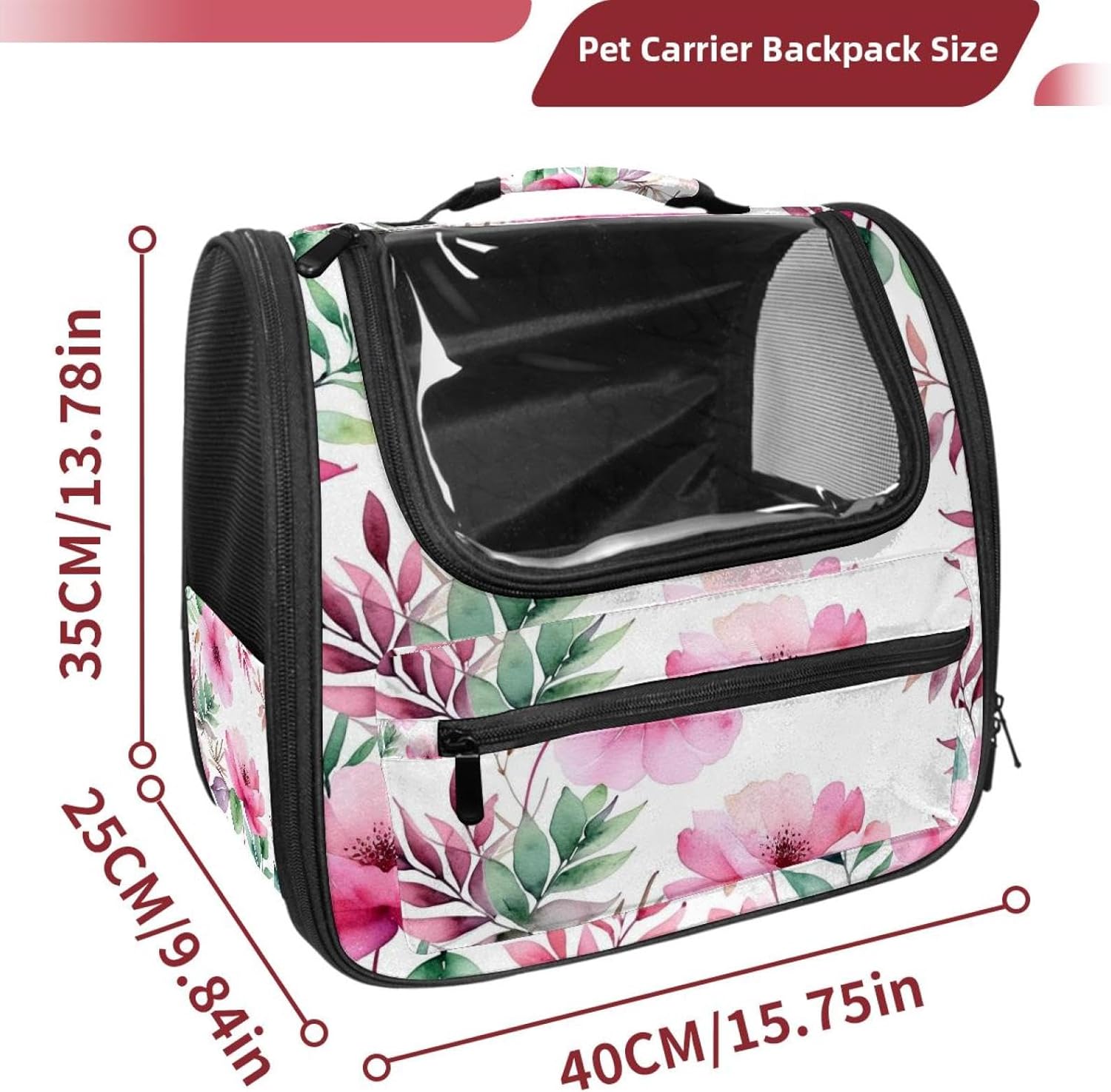 Pink Flowers with Leaves Pet Carrier Airline Approved Soft Sided Portable Cozy Travel Pet Bag, Car Seat Safe Carrier for Cats and Dogs
