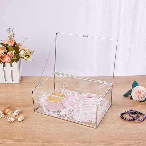 Miniatura 5 de WHSLILR Joyero de cristal de 10.8 pulgadas con tapa con bisagras, caja de recuerdo de acero inoxidable para almacenamiento de tarjetas de boda,