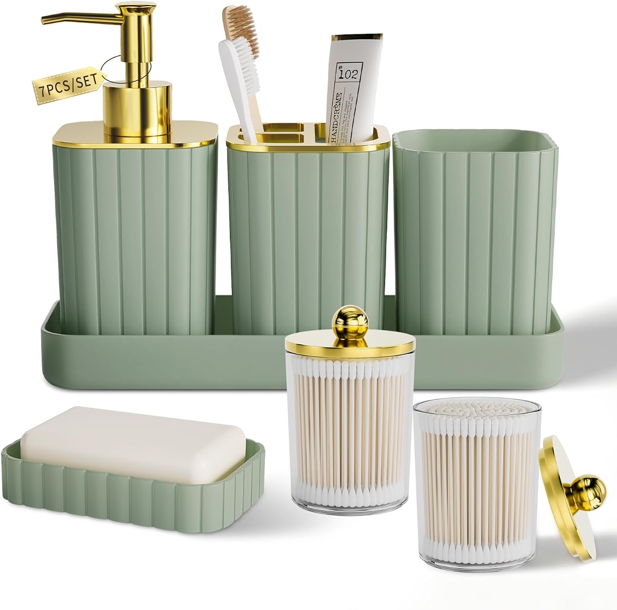 Juego de accesorios de baño: magnífico juego de baño, 7 piezas, accesorios de baño verde salvia, dispensador de jabón, soporte para cepillo de dientes, juego de soporte Qtip, juegos de baño completos, juego de lavabo para decoración del hogar