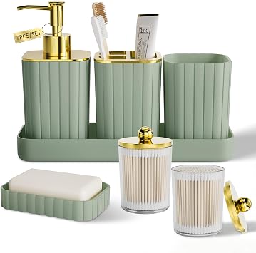 XLHOMO Bathroom Accessory Set - Gorgeous Bathroom Set, 7PC Sage Green Bathroom Accessories, Soap Dispenser, Toothbrush Holder, Qtip Holder Set, Bathroom Sets Complete, Bathroom Sink Set for Home Decor