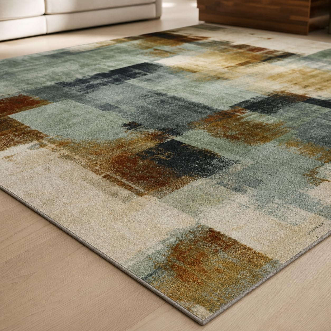 Tappeto Salotto Moderno Astratto Verde Salvia, Beige e Marrone, Lavabile in Lavatrice e Antiscivolo TPR, Pelo Corto Morbido per Soggiorno e Camera da Letto (200 x 300 cm)