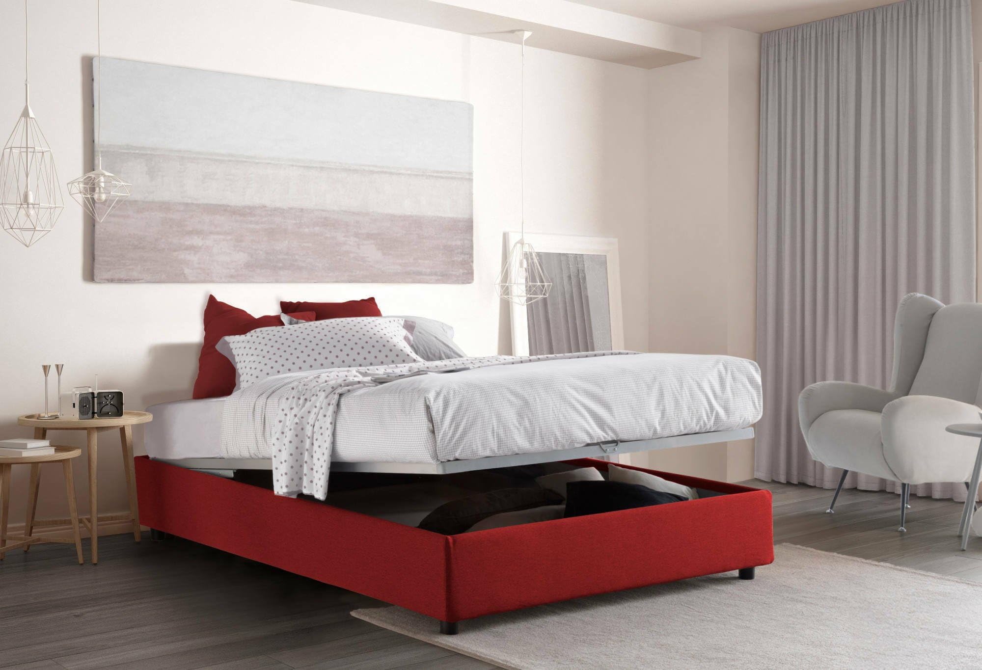 Letto Matrimoniale Maria, Letto Contenitore con Rivestimento in Tessuto, 100% Made in Italy, Apertura Frontale, Adatto per Materasso Cm 160x200, Rosso