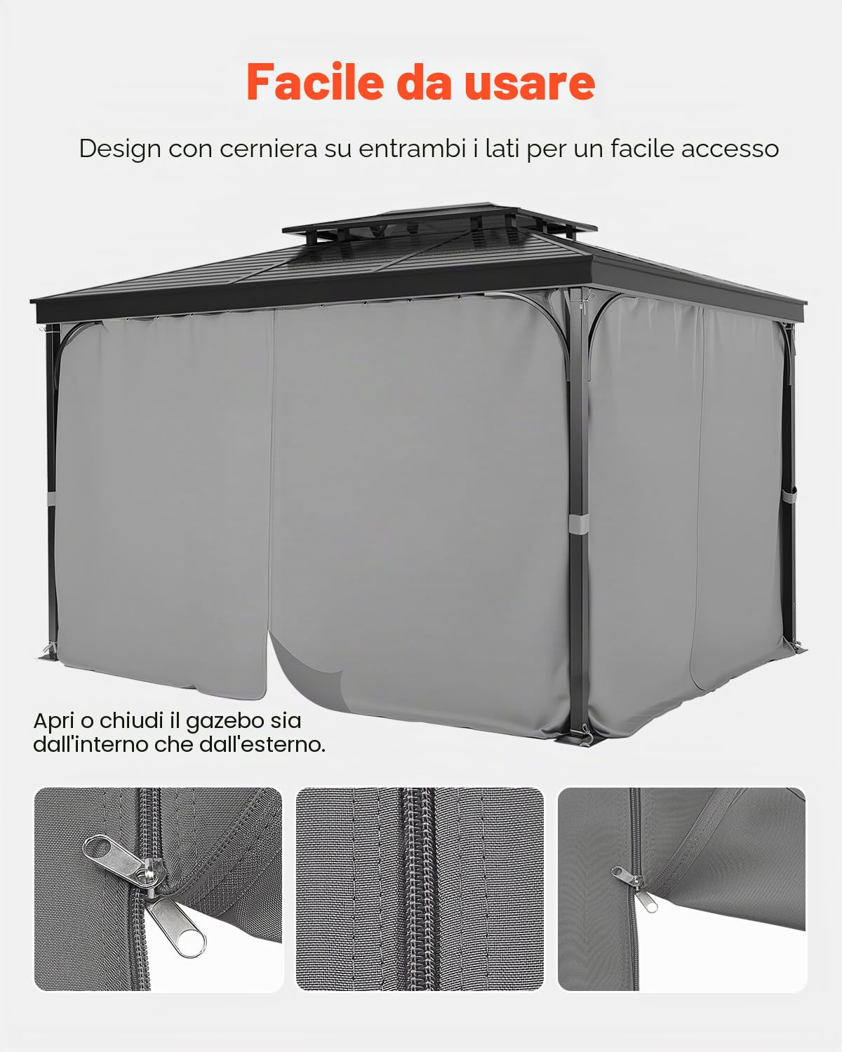VEVOR Tende per gazebo da esterno, adatte alla maggior parte dei gazebo da 3 x 25 x 18 cm, tende per la privacy a 4 pannelli laterali con cerniere, tende di ricambio per esterni, solo tende, grigio