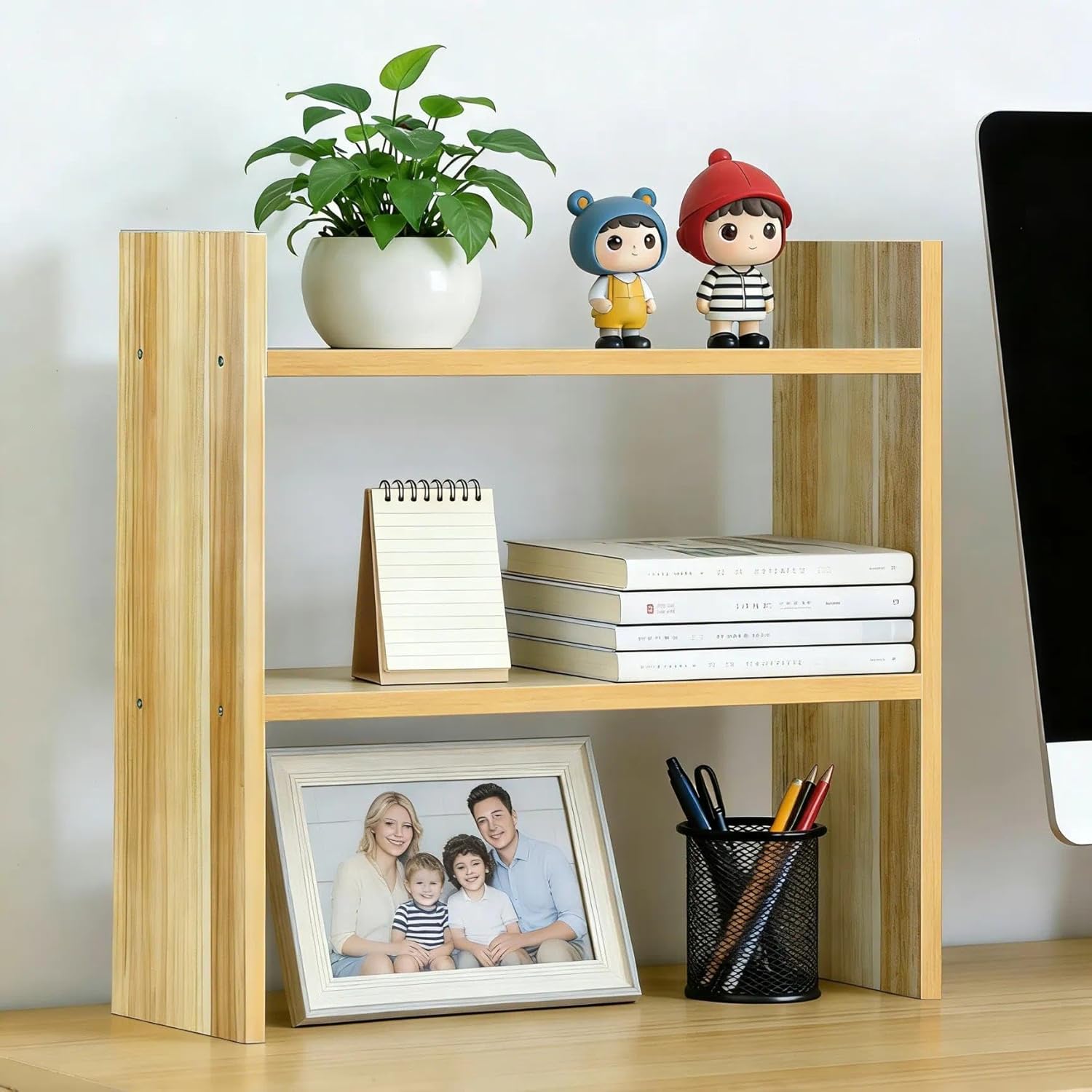 Small Shelf for Desk - Desktop Organizer Shelf, Over Desk Storage, 2 Tier Desktop Bookshelf for Office Table Top Organizer, Wood 2 Pack