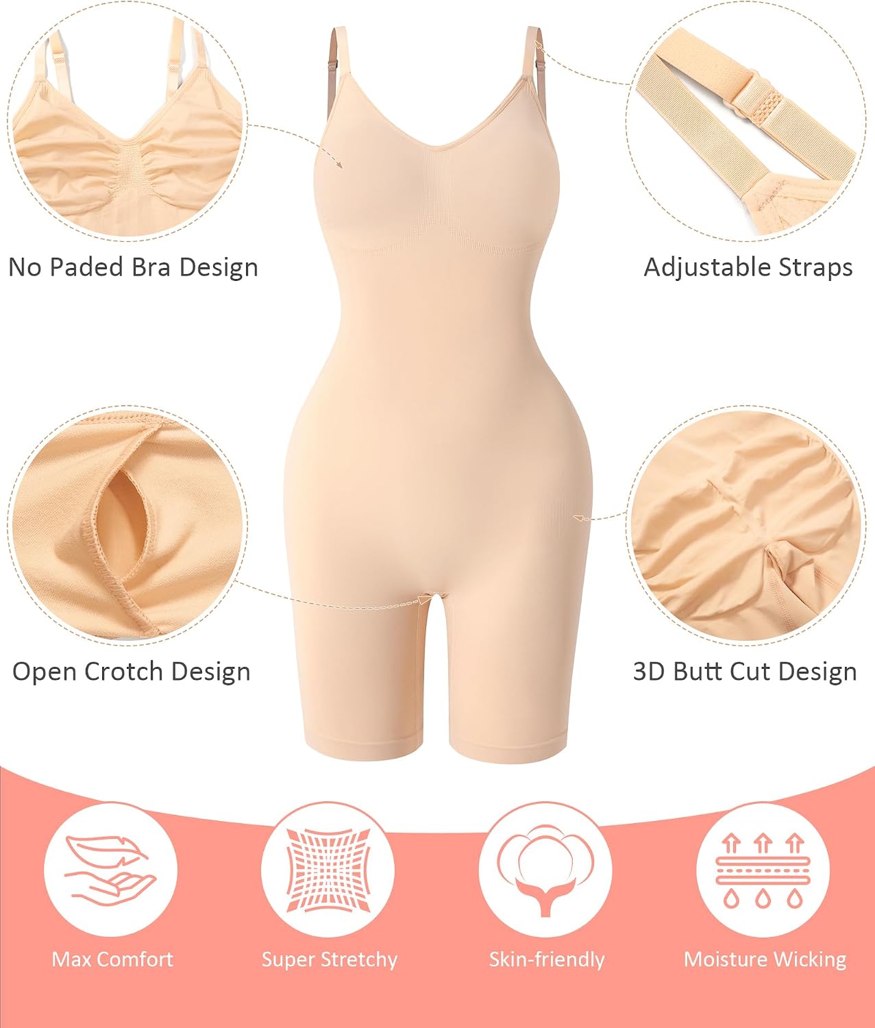 Women's Seamless Shapewear Tummy Control Bodysuit Body Shaper V Neck Seamless Butt Lifter Full Shaping Bodyshapers