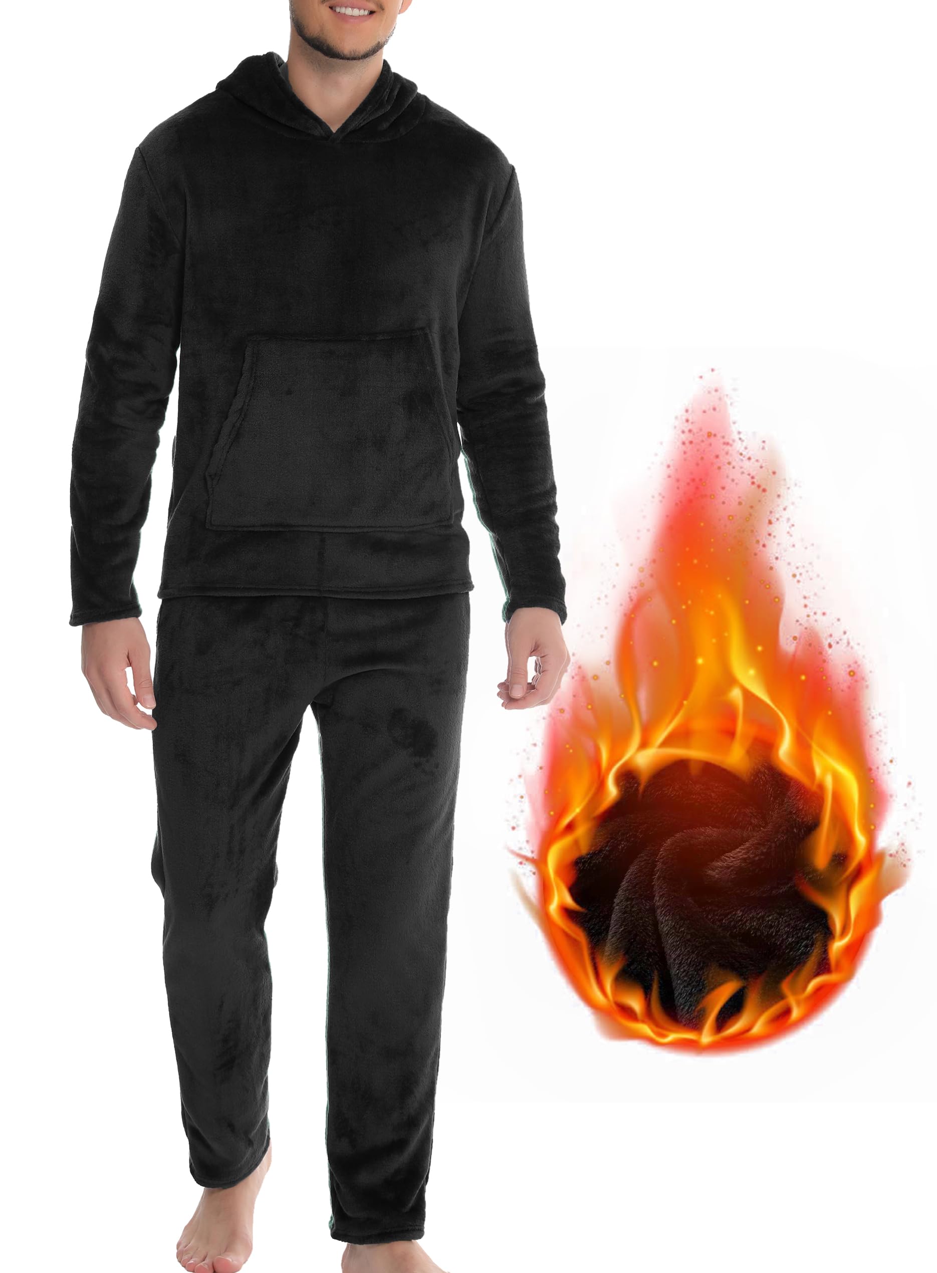 Lovasy Pigiama Pile Uomo Caldo con Cappuccio Pigiami Due Pezzi Invernale | Comodo Pigiama Lungo Completo Casual per Casa con Tasche S-XXL