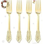 WDF 100 Piece Gold Forks Disposable - 7.48 Inch Gold Plastic Forks - Baroque Plastic Silverware for Dessert Cake - Heavy Duty Thanksgiving for Party, Wedding or Daily Using