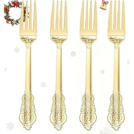WDF 100 Piece Gold Forks Disposable - 7.48 Inch Gold Plastic Forks - Baroque Plastic Silverware for Dessert Cake - Heavy Duty Thanksgiving for Party, Wedding or Daily Using