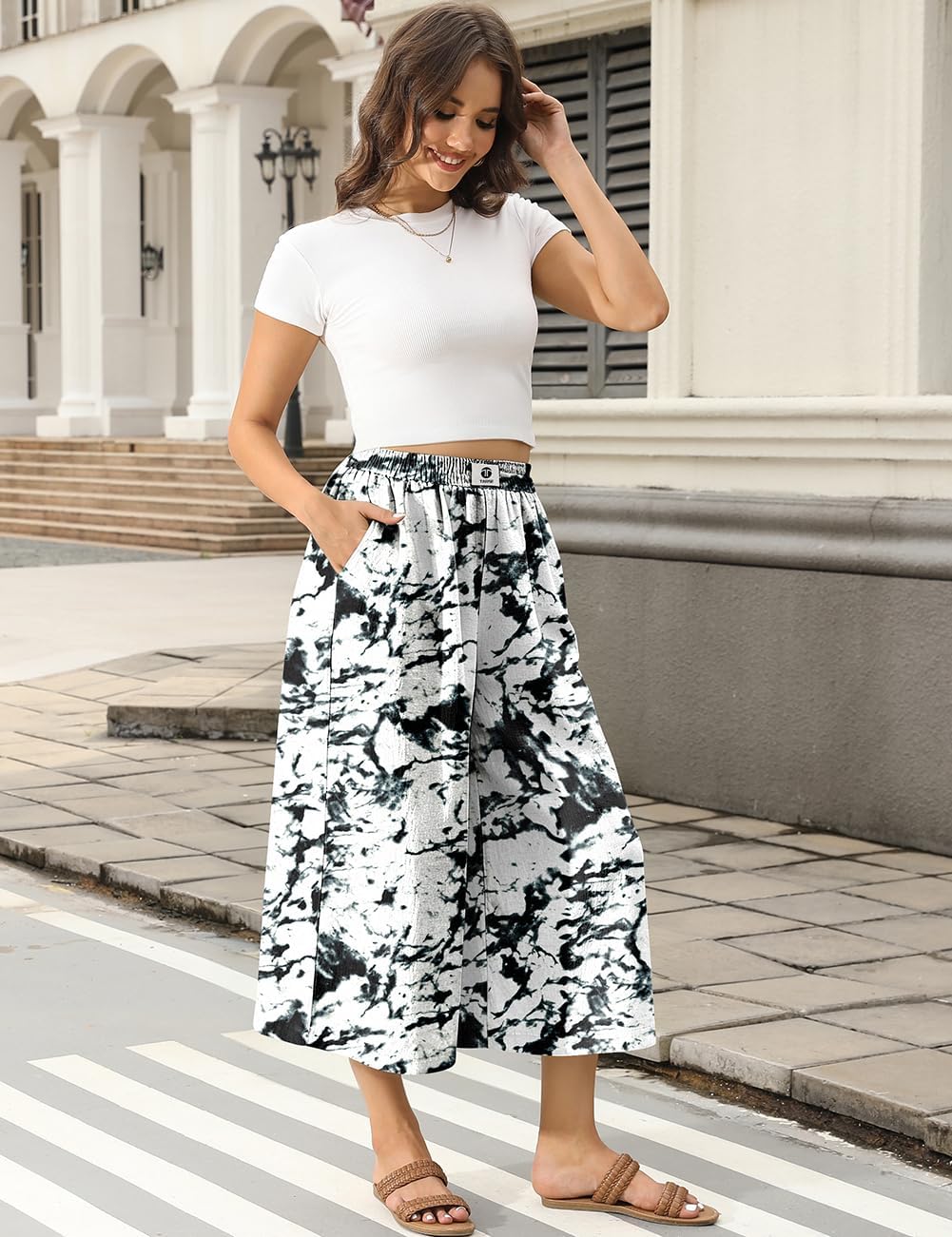 TARSE Womens Wide Leg Linen Capri Pants Summer Elastic Waist Palazzo Trousers Bottoms with Pockets