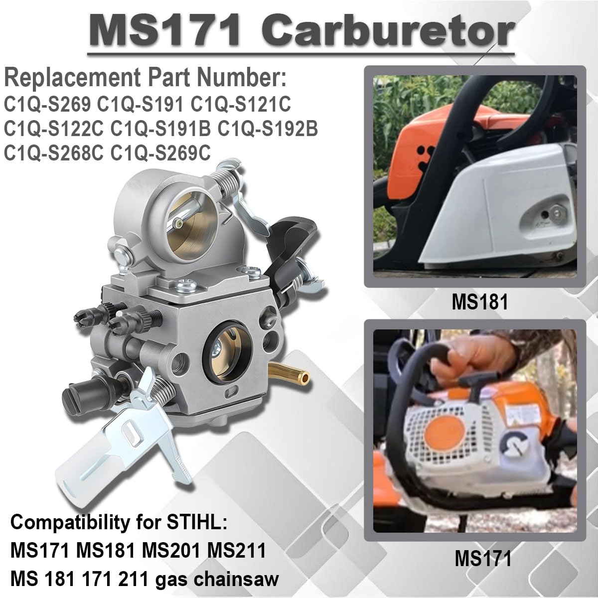 MS171 C1Q-S269 Carburatore per Stihl MS181 MS201 MS211 MS181 2 Mix MS181C MS181C-BE MS181CBE 2 Mix MS181C-BE Z Ricambi per motosega Sostituisce C1Q-S268 con filtro aria Bobina di accensione