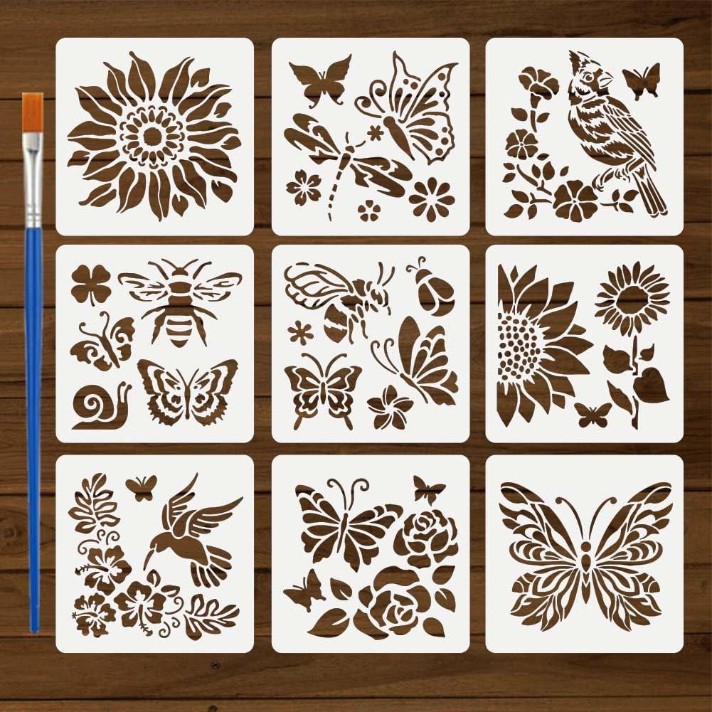 FINGERINSPIRE 9PCS Daily Activities Stencils with a Brush 11.8x11.8inch Fruit Rocket Painting Stencil Birds Dinosaur Drawing Templates for Wall Floor Home Decor Creative Art Projects
