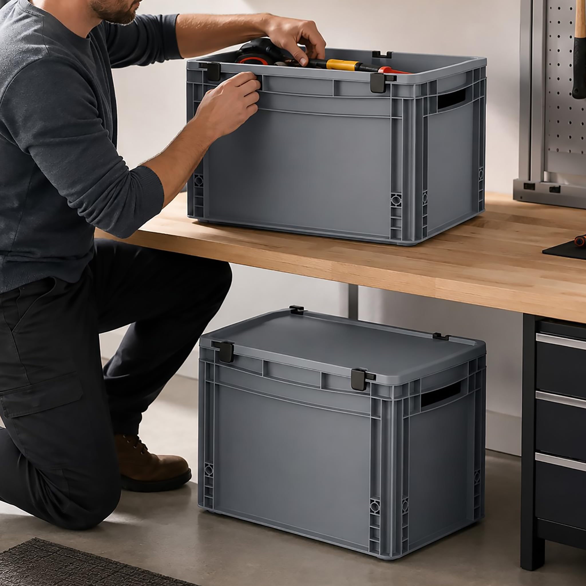 3 X AUER Eurobehälter mit Schanierdeckel ED 43/32 | 40 x 30 x 33,5 cm Stapelbox Lagerbox Keller-Kiste robust und leicht