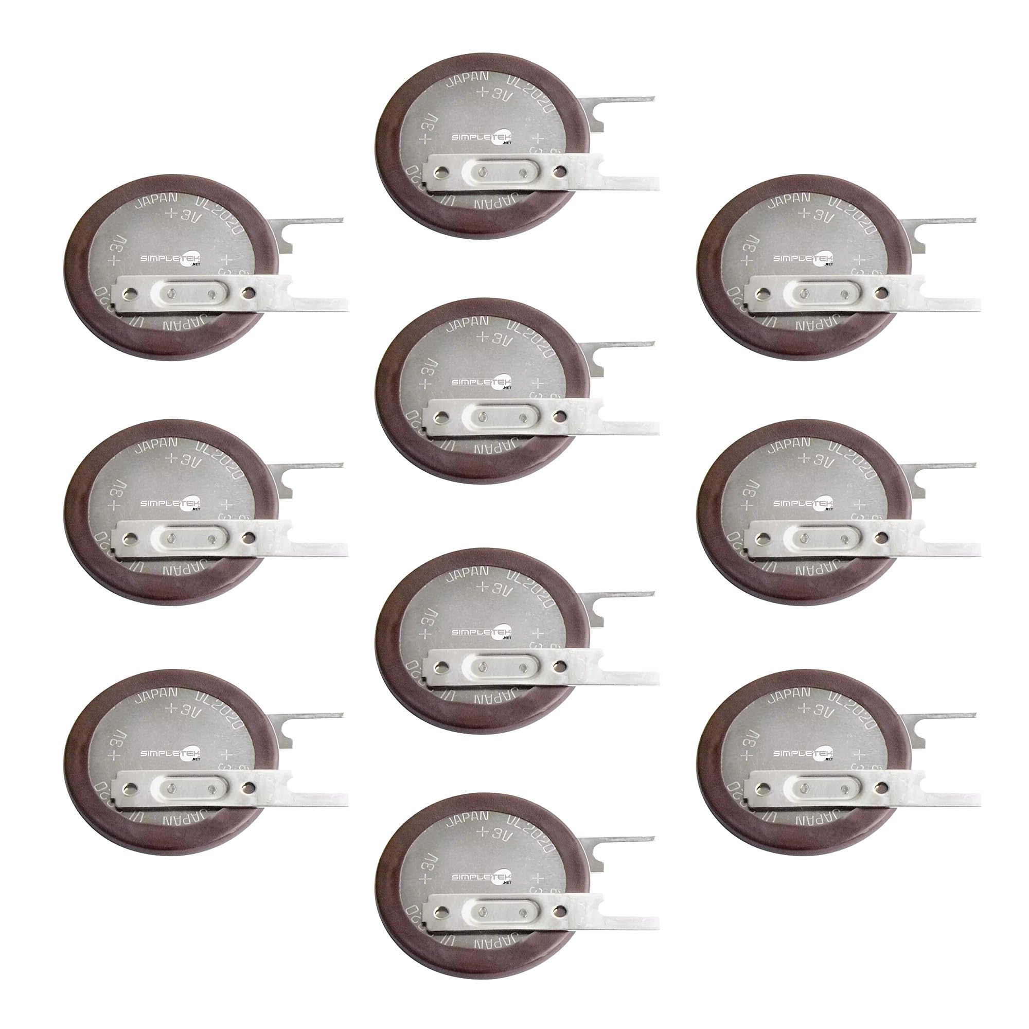 SIMPLETEK - 10x Batteria VL2020 a Bottone Ricaricabile 3V Pila con Connettori da Saldare Contatti Piatti (10 pezzi)