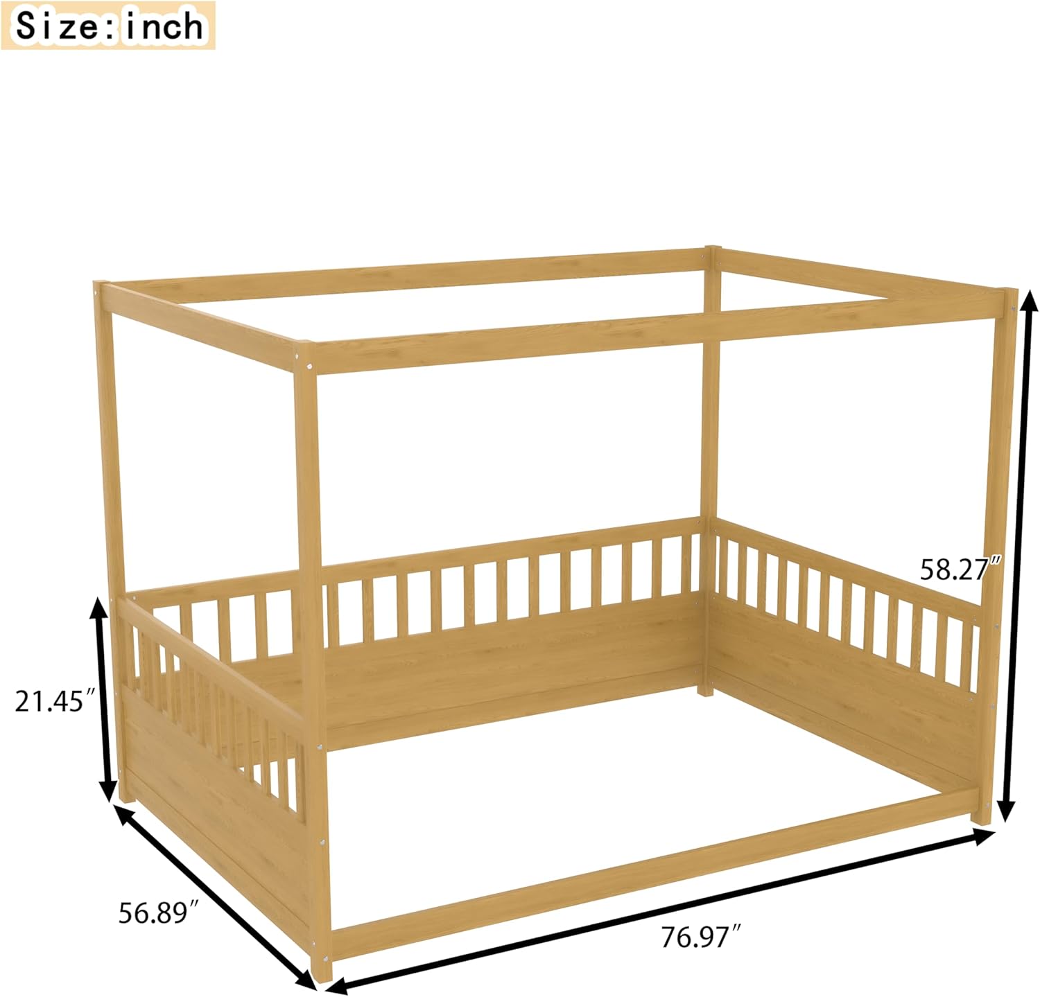 Full Size Canopy Bed with Guardrails and Four Poster Design, Wood Montessori Floor Bed Frame for Girls, Boys, Kids, Teens, No Box Spring Needed, Easy Assemble, Natural Wood