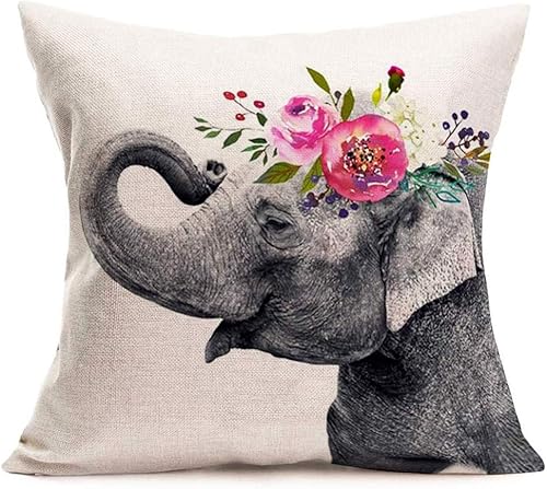 Fundas de almohada con cabeza de elefante de animales con corona de flores de acuarela de algodón y lino, cuadradas, fundas de almohada decorativas